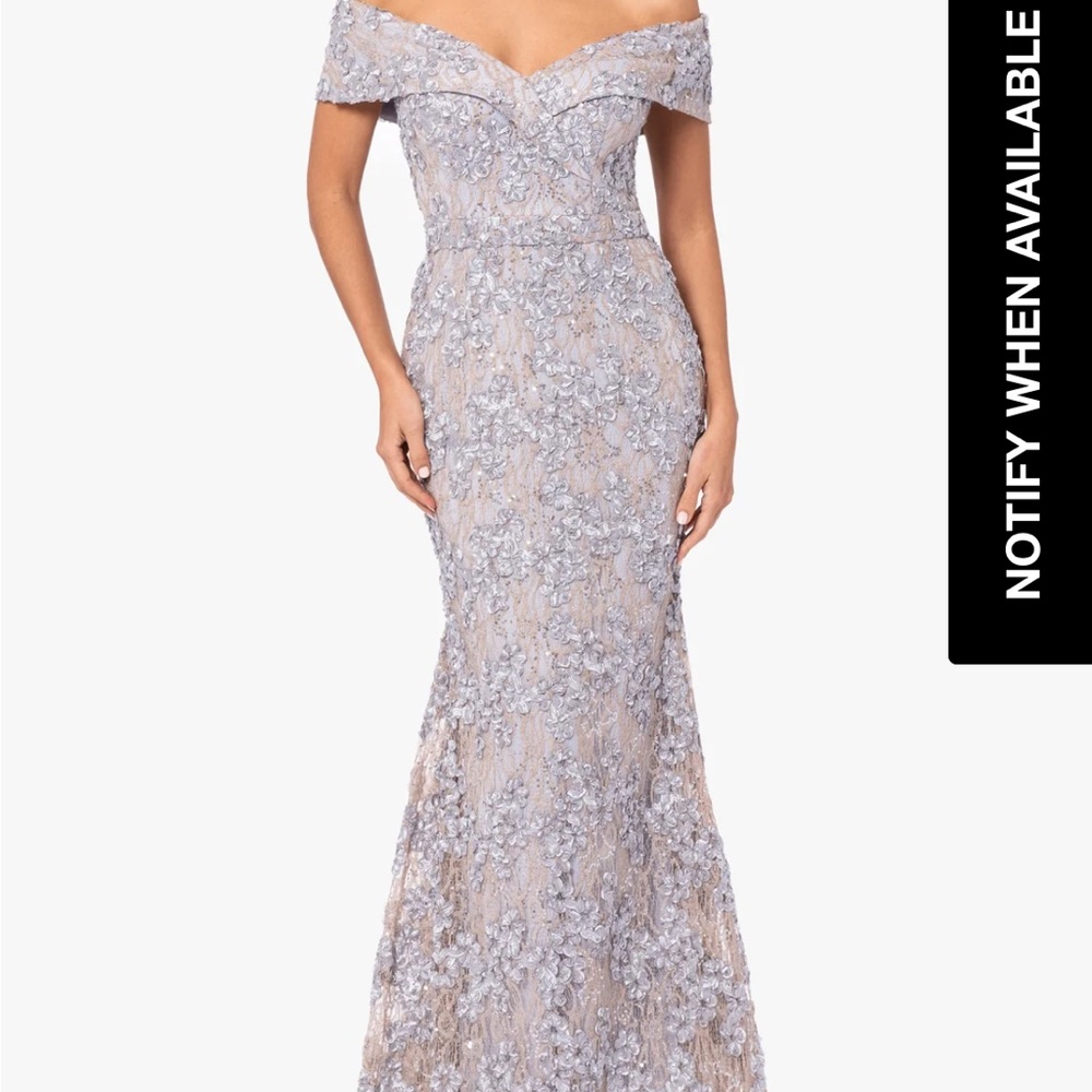 Xscape Silver Off-Shoulder Evening Gown